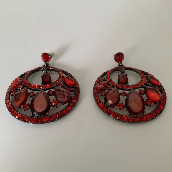 Vintage Red Jeweled Hoop Earrings Drop Rhinestones Stud Top Pierced Ears - Picture 8 of 15
